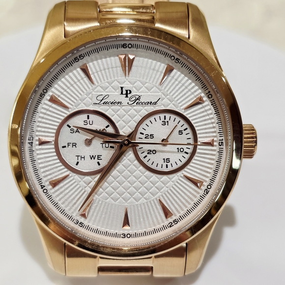 Lucien Piccard STELLAR Men's Wrist Watch Day Date Sub-Dials Rose Gold Pink